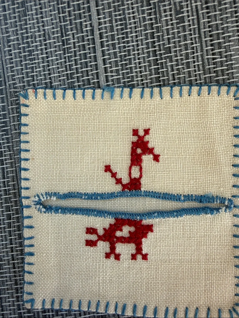 Set of Six Hand-Embroidered Animal Coasters - Red & Blue on Cream